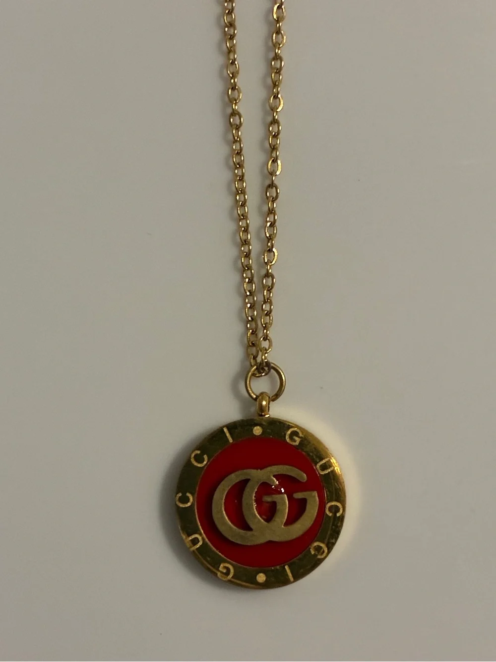 Vintage Gold Chain Necklace with Red Enamel Circle Disc Charm